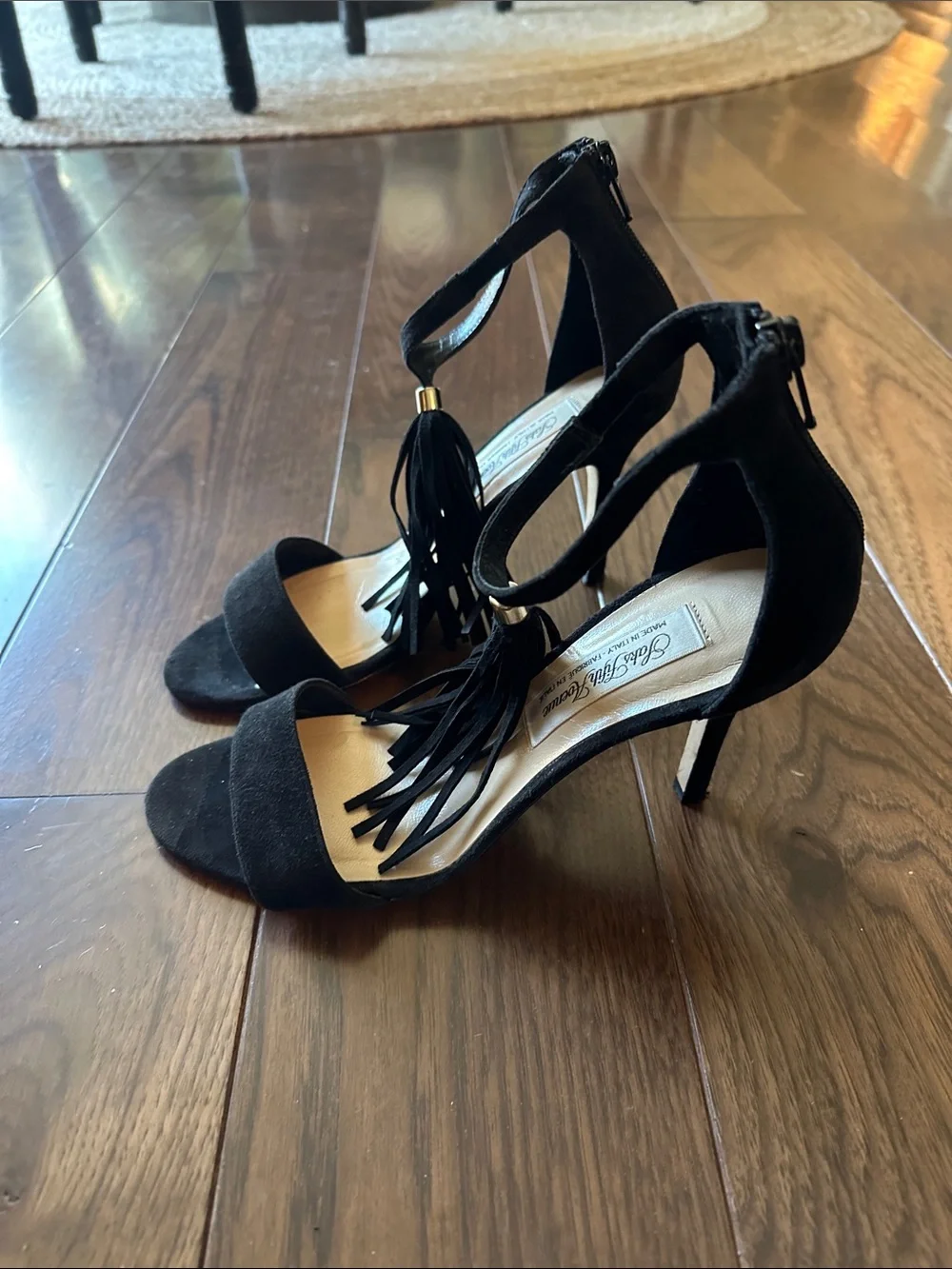 Saks Fifth Avenue Black Suede Tassel Ankle-Strap Heels